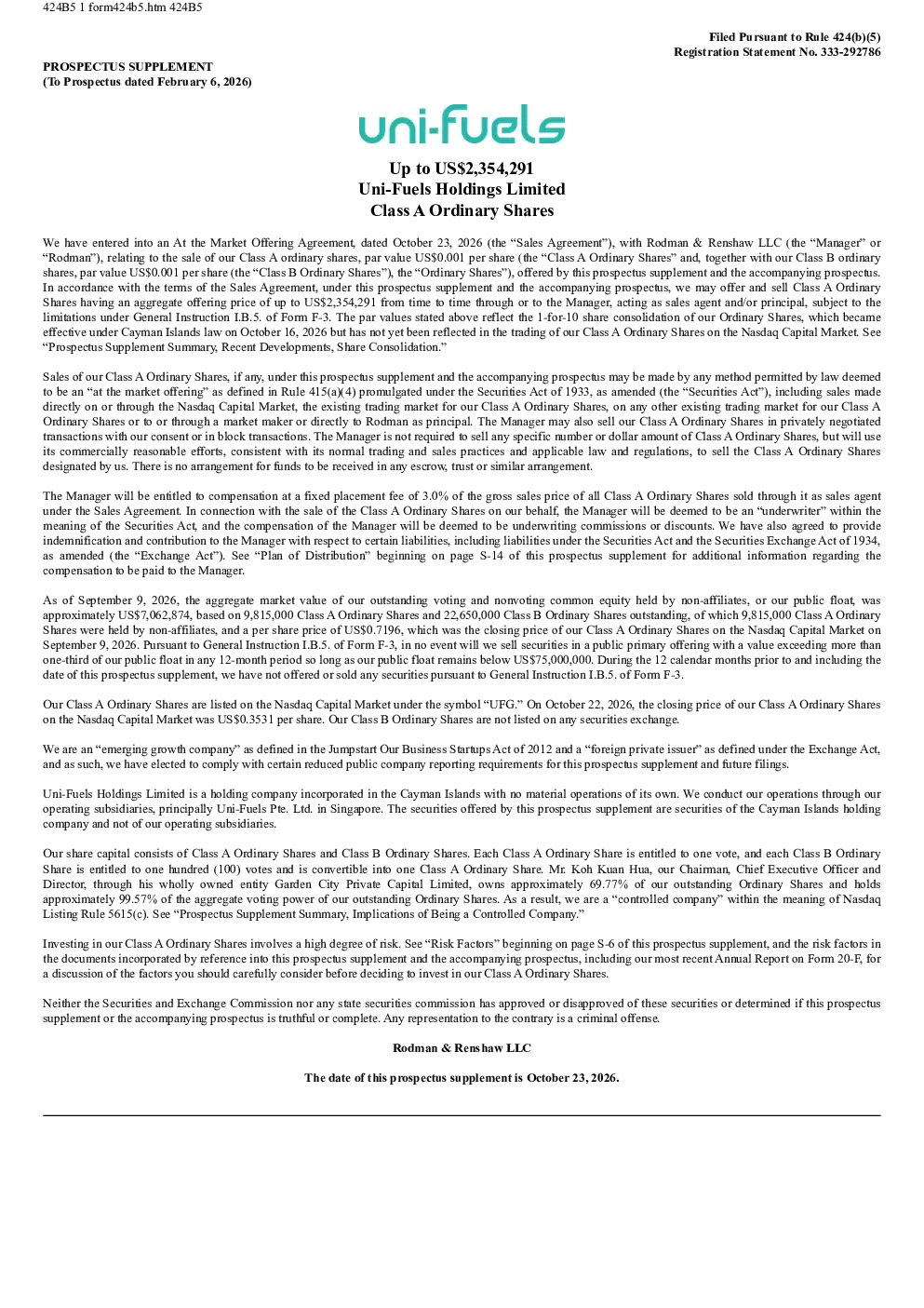Uni-Fuels Holdings Ltd-A美股招股说明书(2026-10-23版)