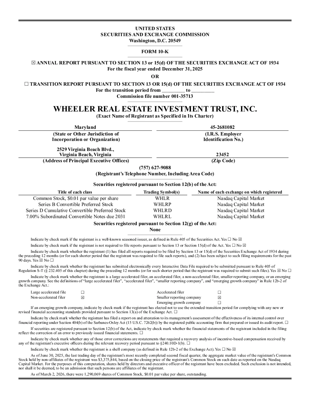 Wheeler Real Estate Investment Trust Inc 2025年度报告