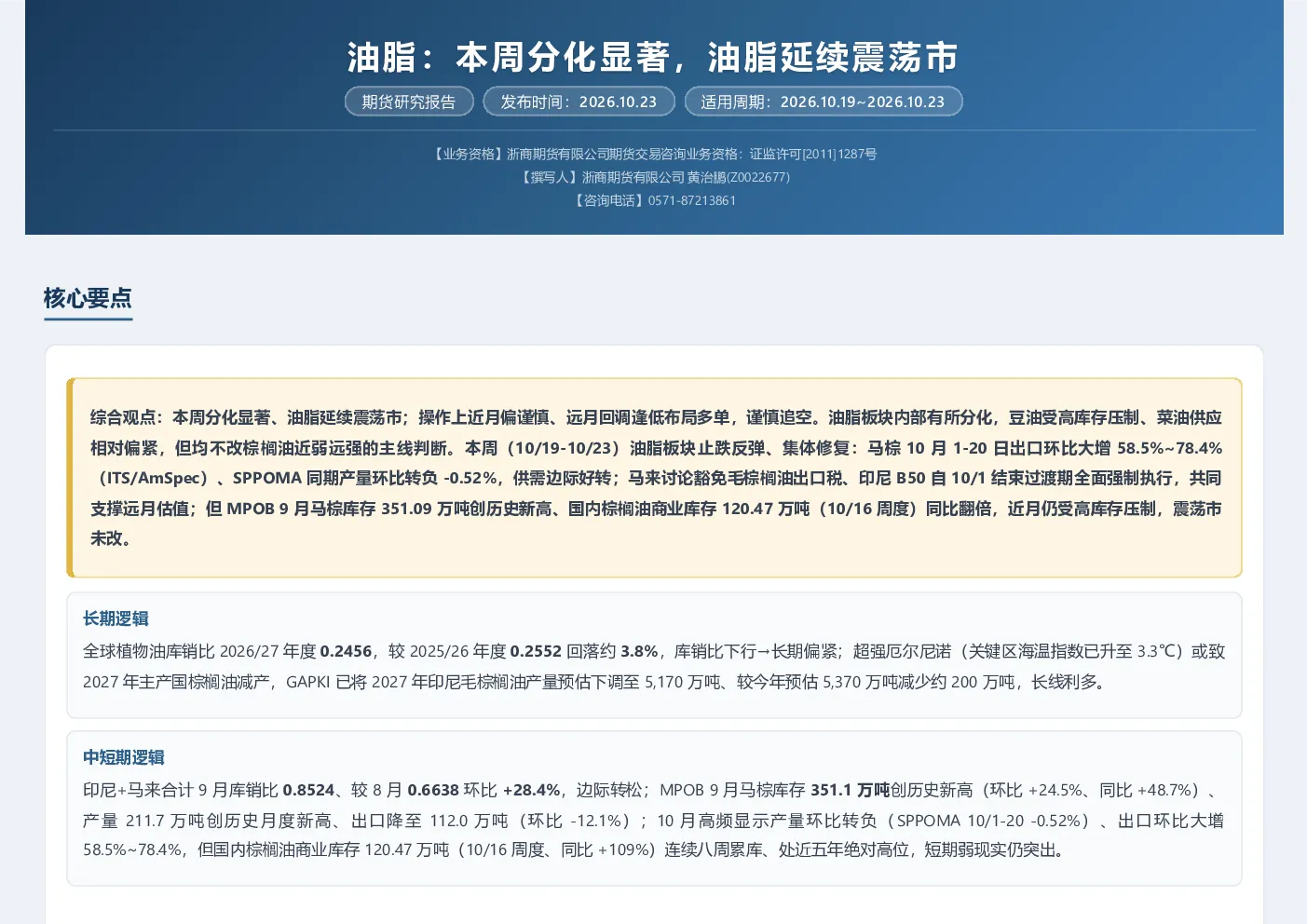 油脂：本周分化显著，油脂延续震荡市