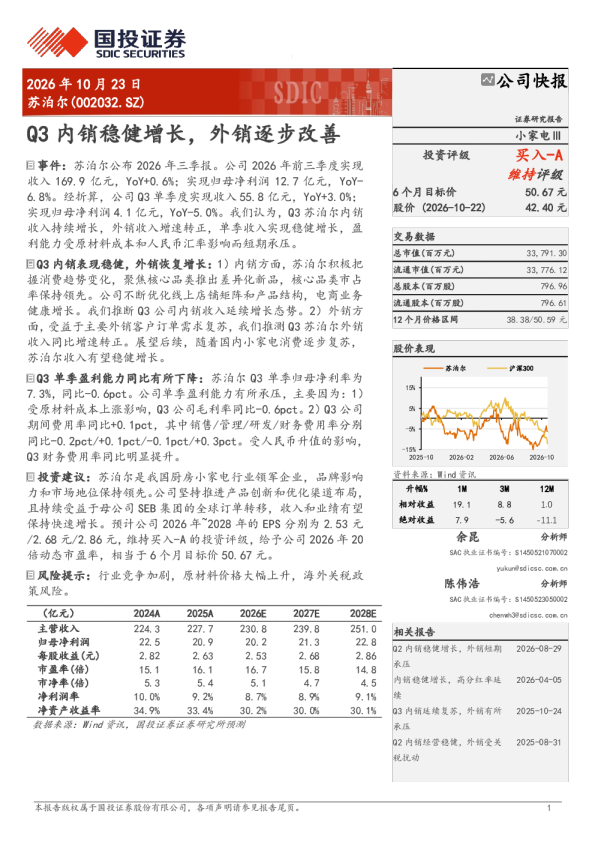 苏泊尔(002032.SZ)公司快报：Q3内销稳健增长，外销逐步改善