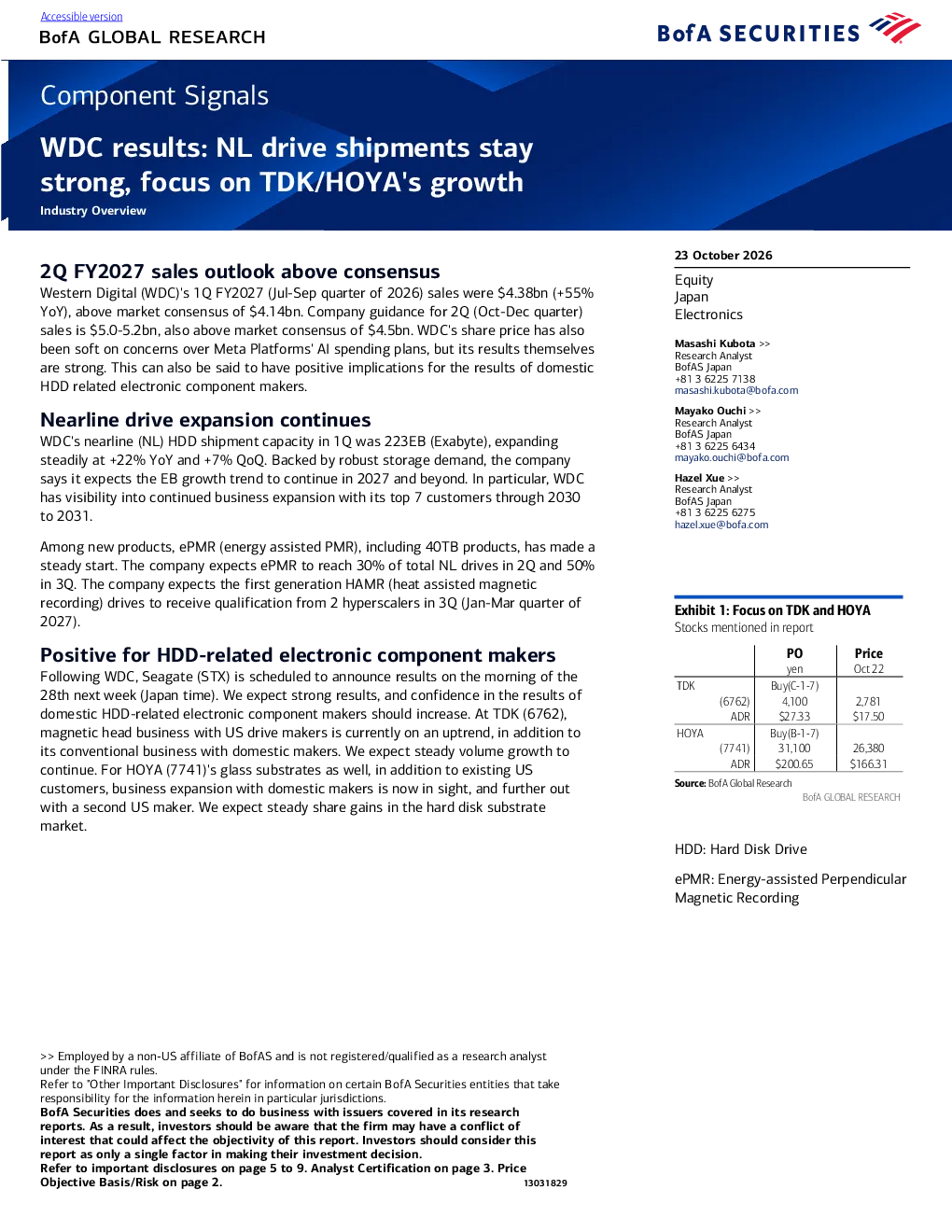 
WDC结果显示NL驱动出货保持强劲，关注TDK、HOYA的成长，组件信号