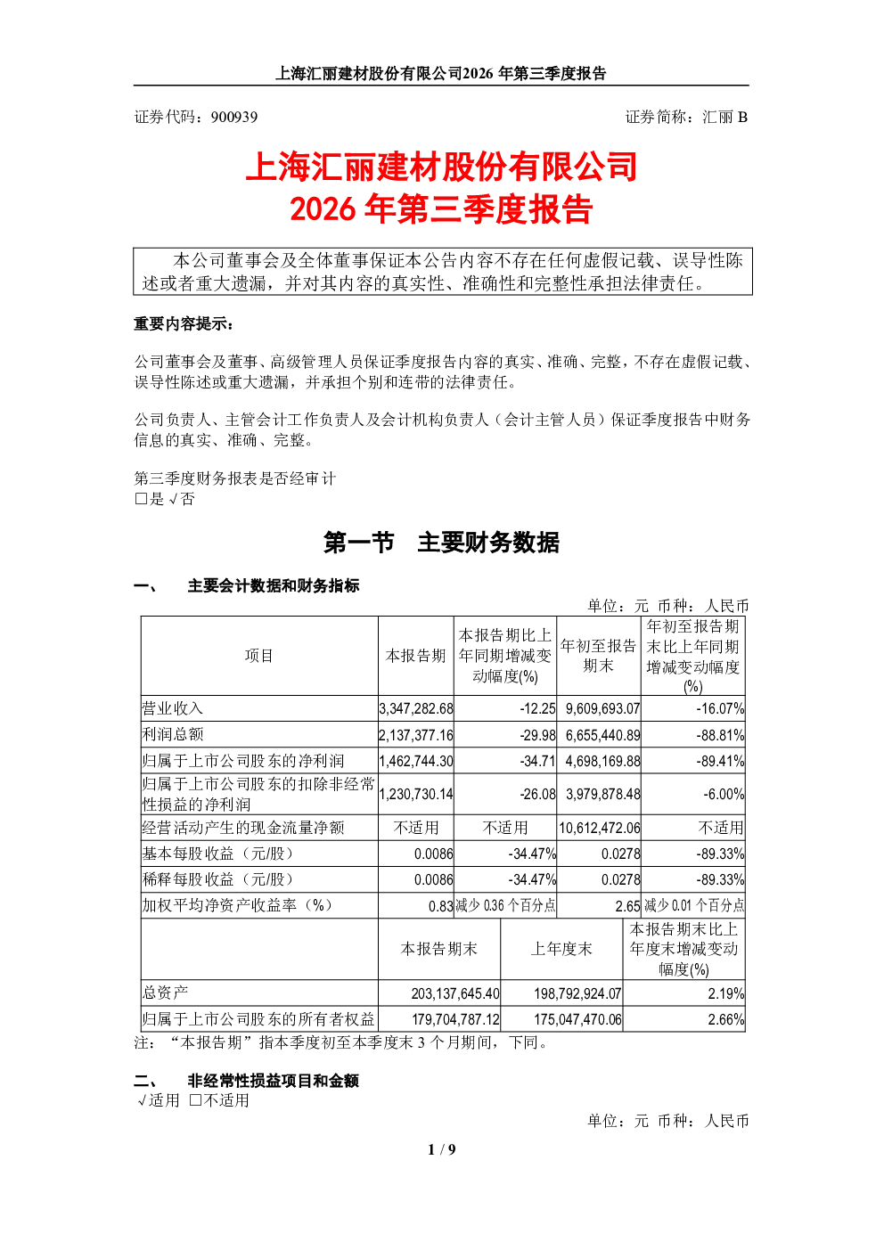 汇丽B：2026年第三季度报告