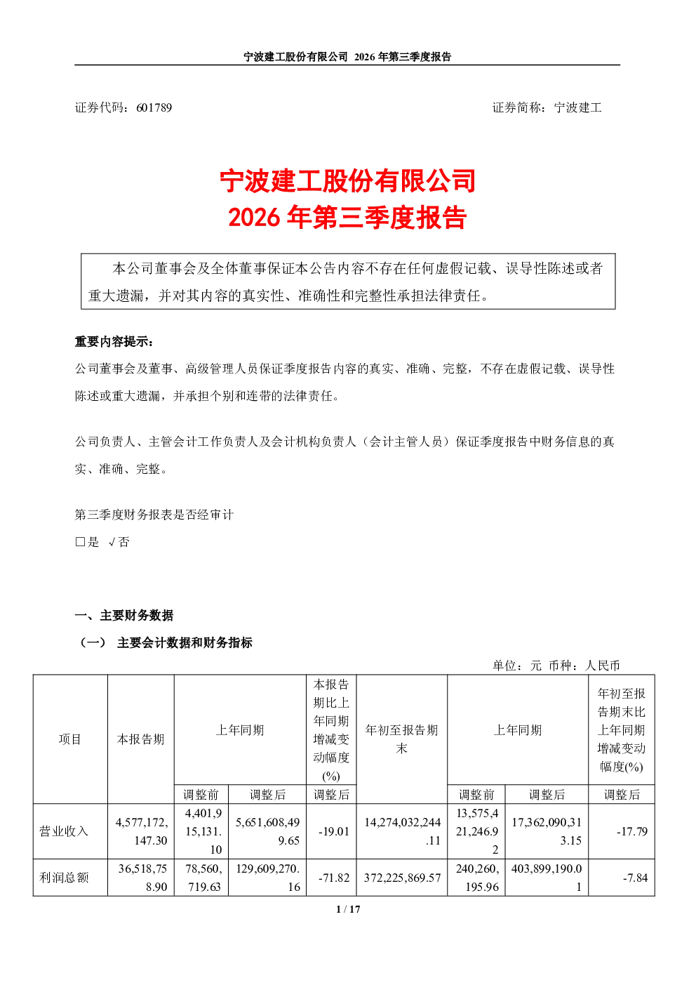 宁波建工：2026年第三季度报告