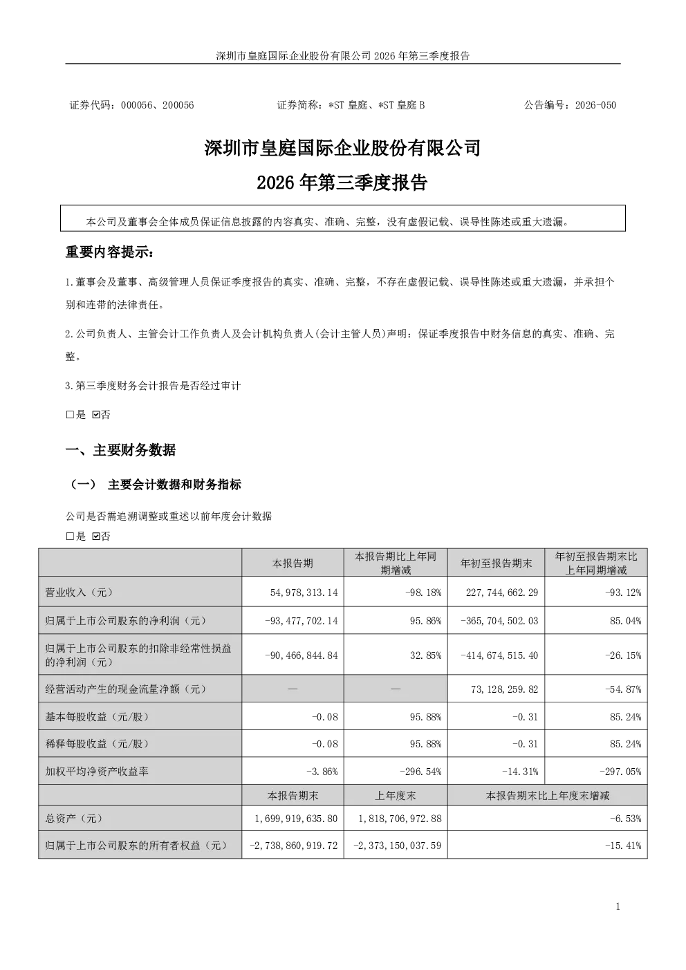 *ST皇庭：2026年第三季度报告