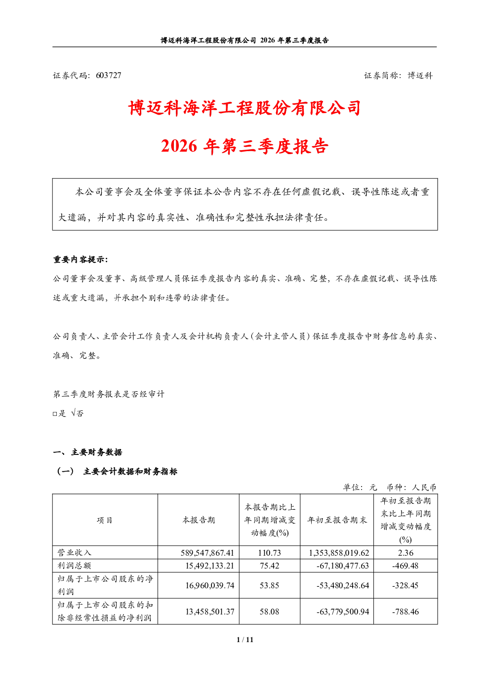 博迈科：2026年第三季度报告
