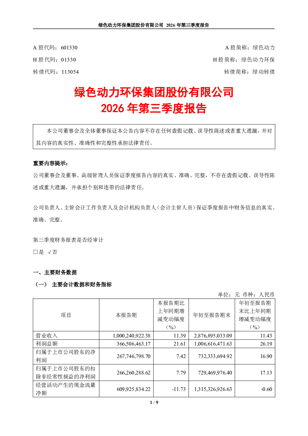 绿色动力：2026年第三季度报告