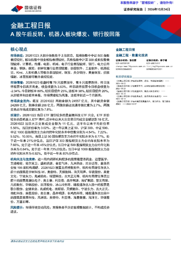金融工程日报：A股午后反转，机器人板块爆发、银行股回落