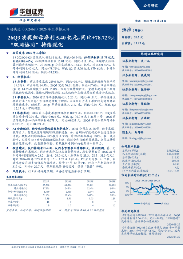 2026年三季报点评26Q3实现归母净利5.40亿元，同比+78.72%；双网协同持续深化