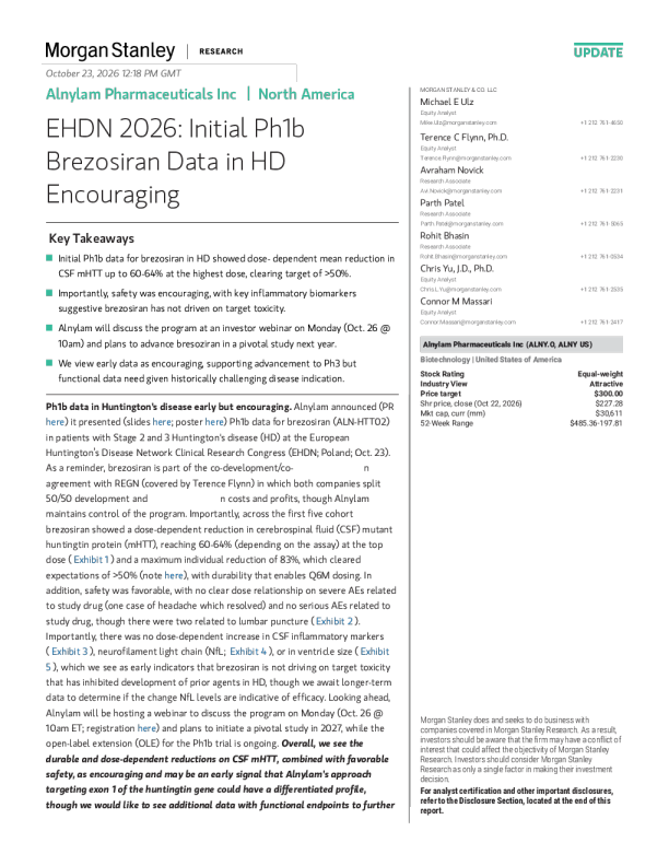 
阿尔尼拉姆制药公司EHDN 2026亨廷顿病初步Ph1b研究：Brezosiran数据喜人