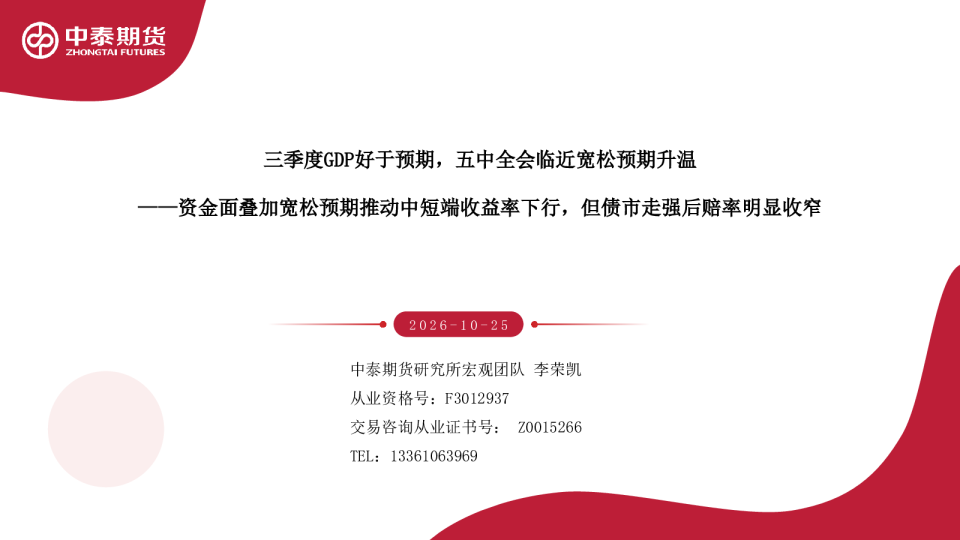 资金面叠加宽松预期推动中短端收益率下行，但债市走强后赔率明显收窄：三季度GDP好于预期，五中全会临近宽松预期升温