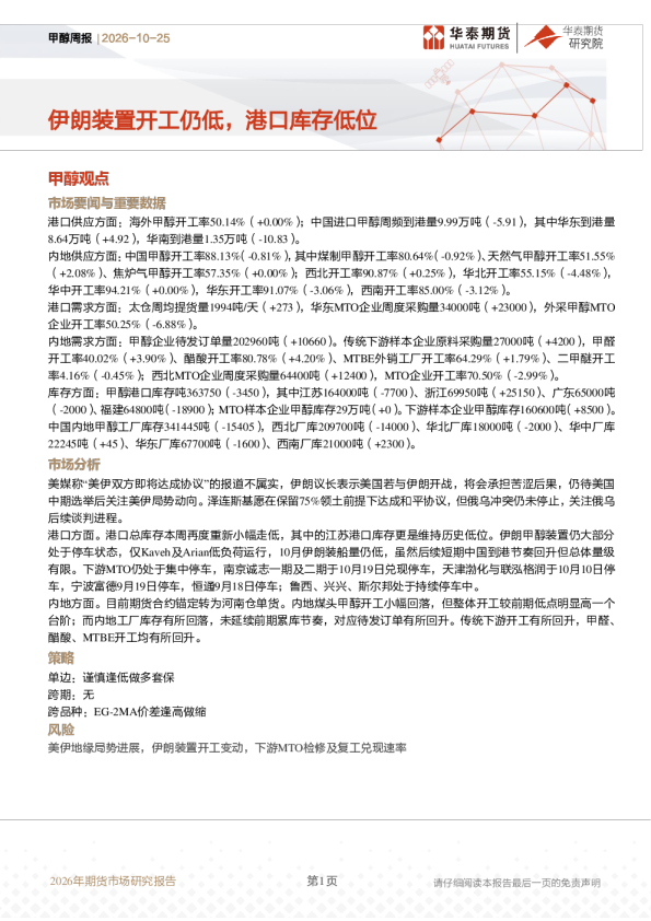 甲醇周报：伊朗装置开工仍低，港口库存低位