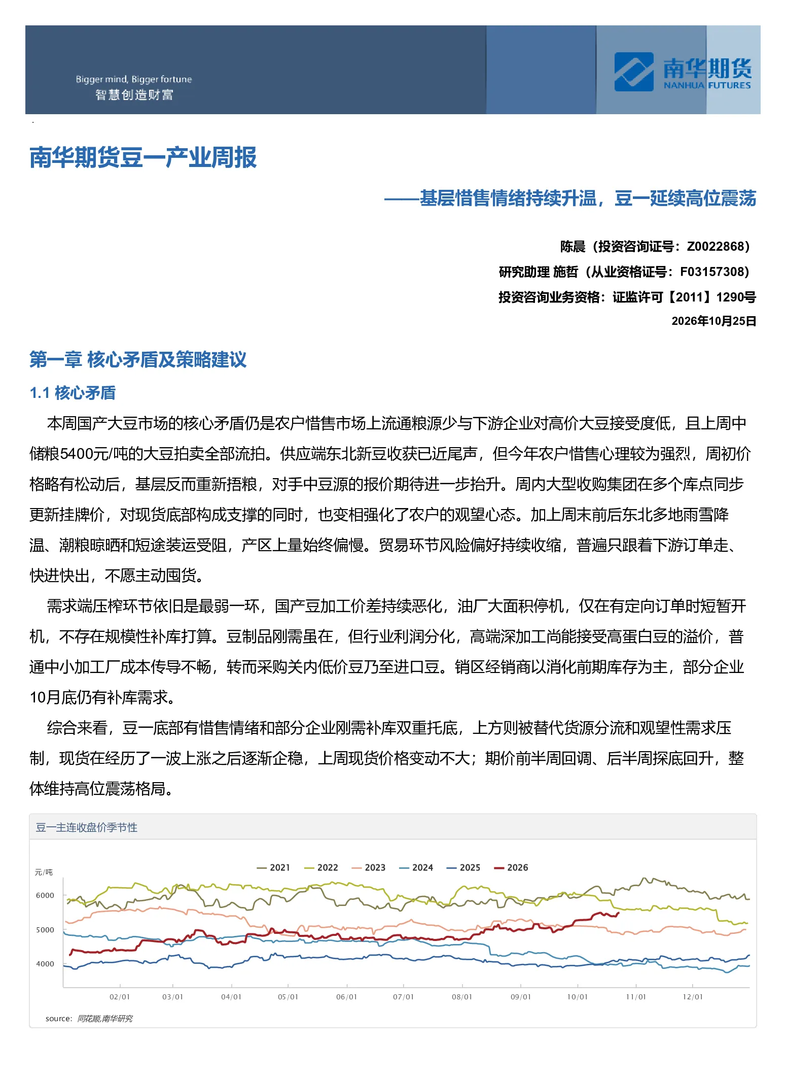 南华期货豆一产业周报：基层惜售情绪持续升温 豆一延续高位震荡