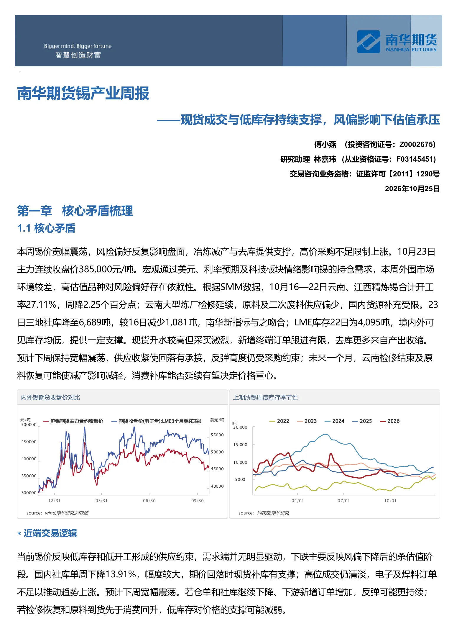 南华期货锡产业周报：现货成交与低库存持续支撑 风偏影响下估值承压