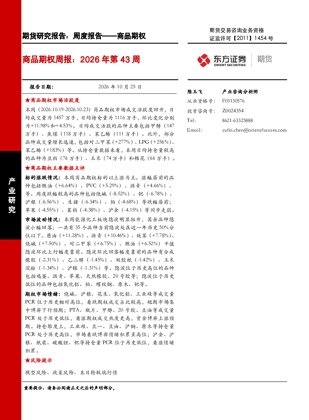 商品期权周报：2026年第43周