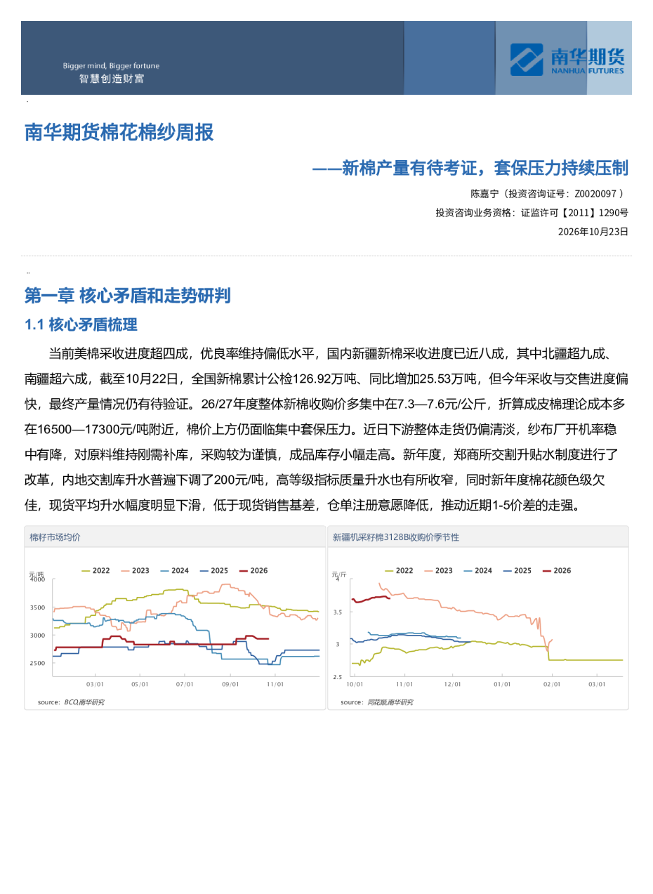 南华期货棉花棉纱周报：新棉产量有待考证，套保压力持续压制20261025