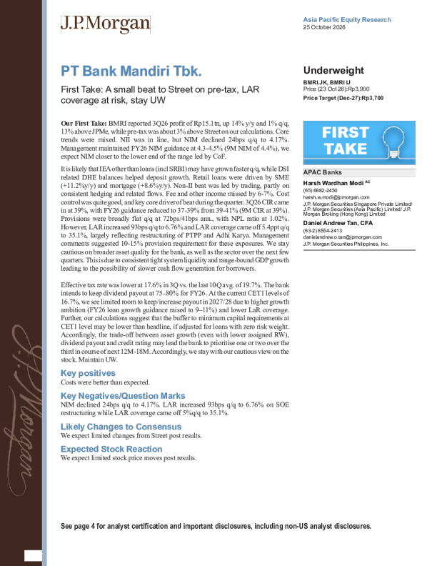 PT Bank Mandiri Tbk.首次点评：税前小幅超市场预期，LAR覆盖存风险，保持减持