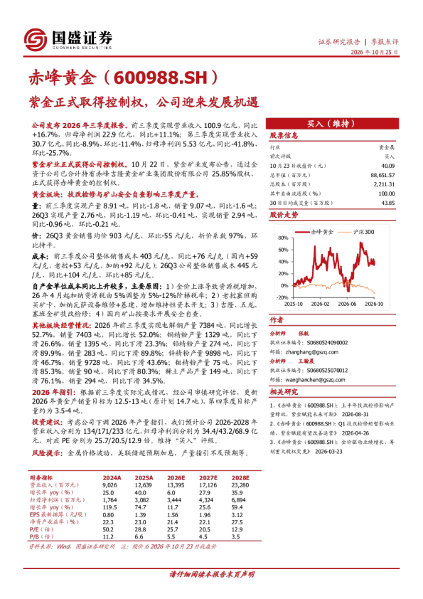 赤峰黄金（600988.SH）紫金正式取得控制权，公司迎来发展机遇