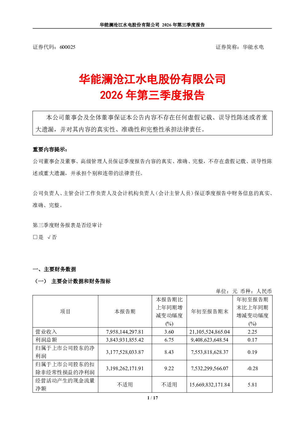 华能水电：2026年第三季度报告