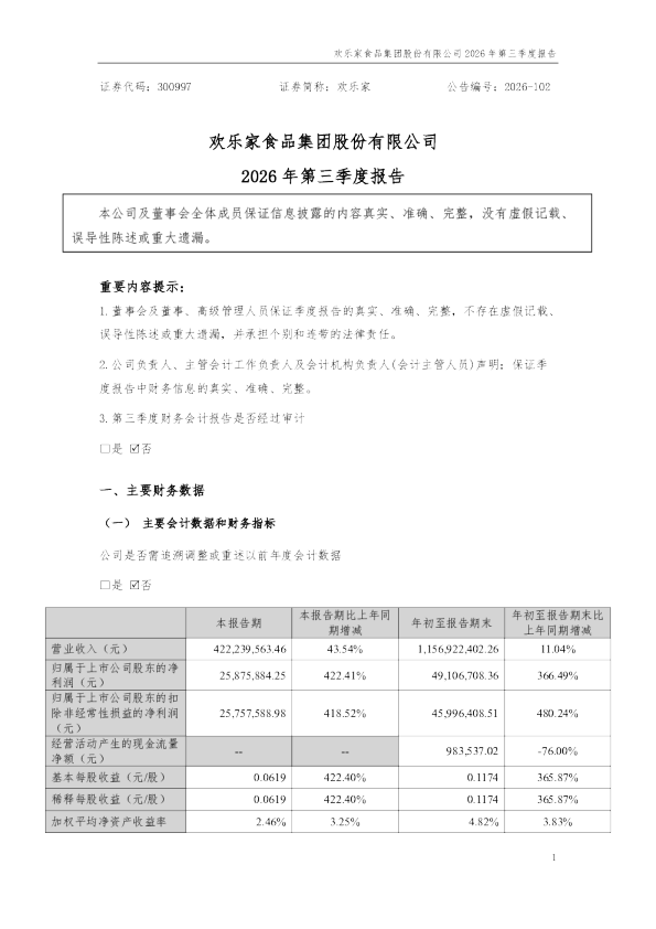 欢乐家：2026年第三季度报告