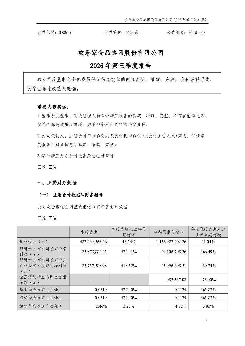 欢乐家：2026年第三季度报告