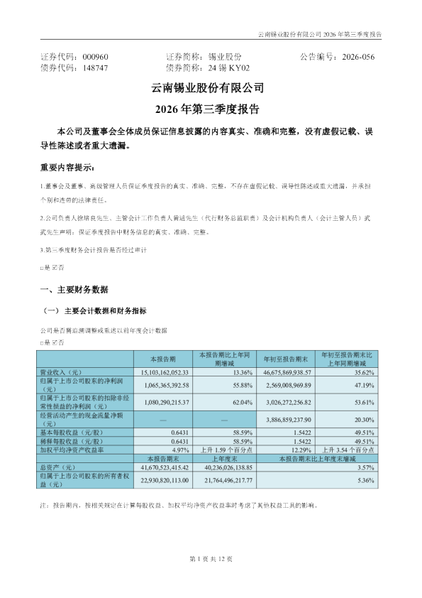 锡业股份：2026年第三季度报告