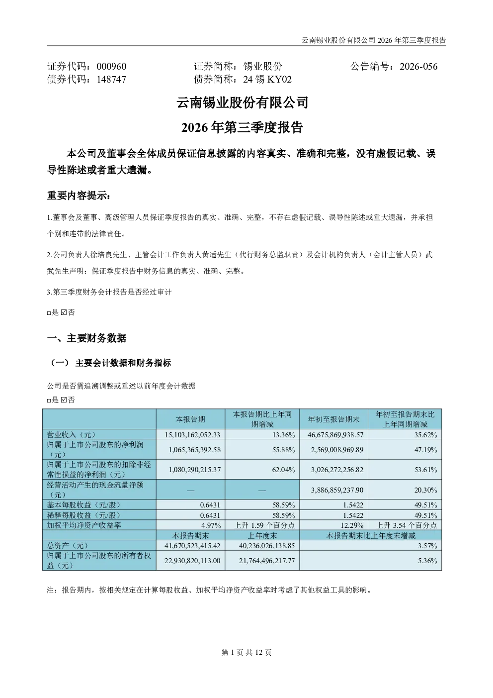 锡业股份：2026年第三季度报告