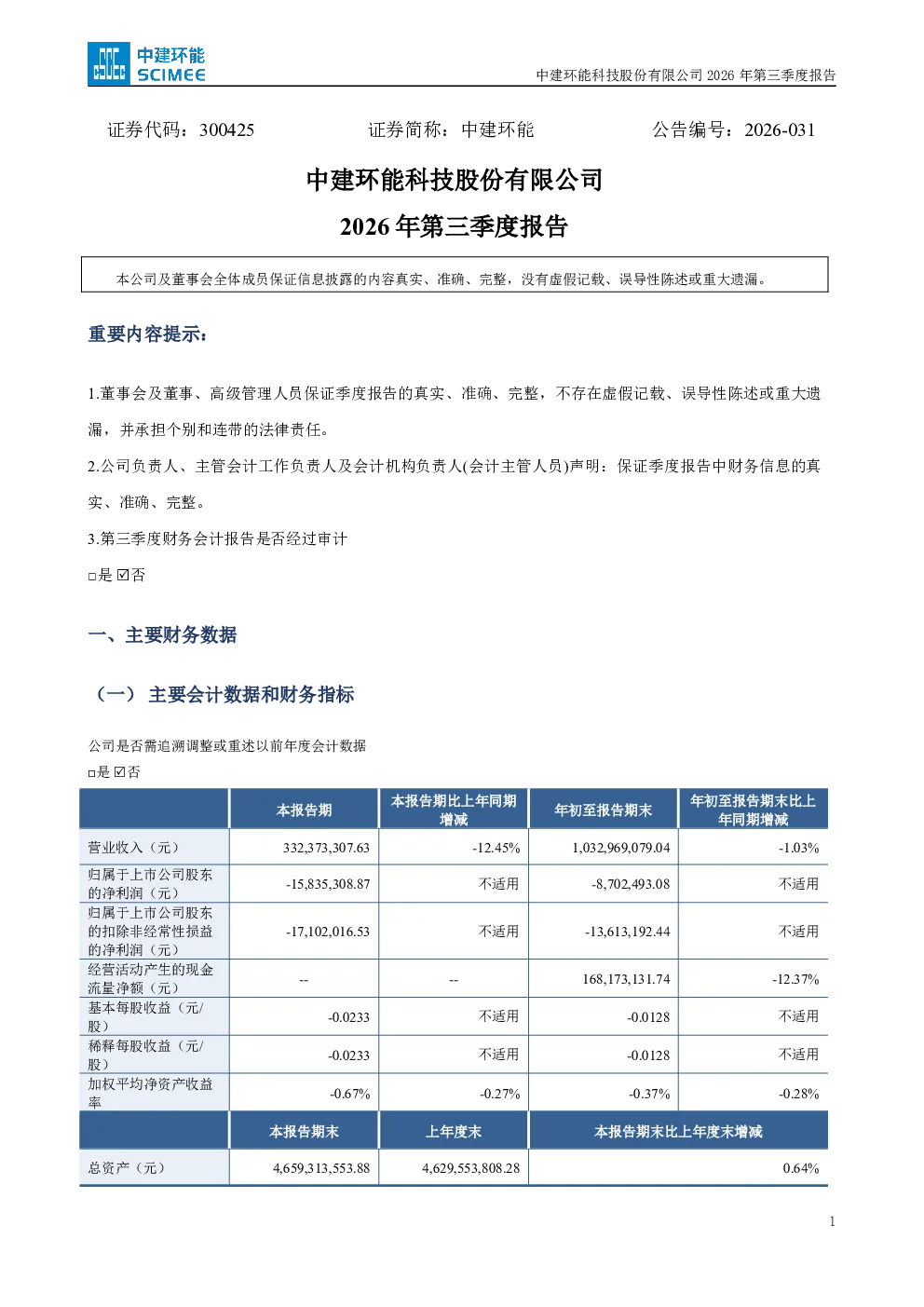中建环能：2026年第三季度报告