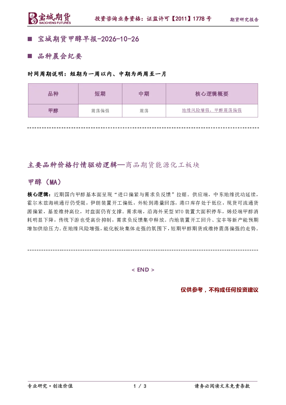 甲醇早报