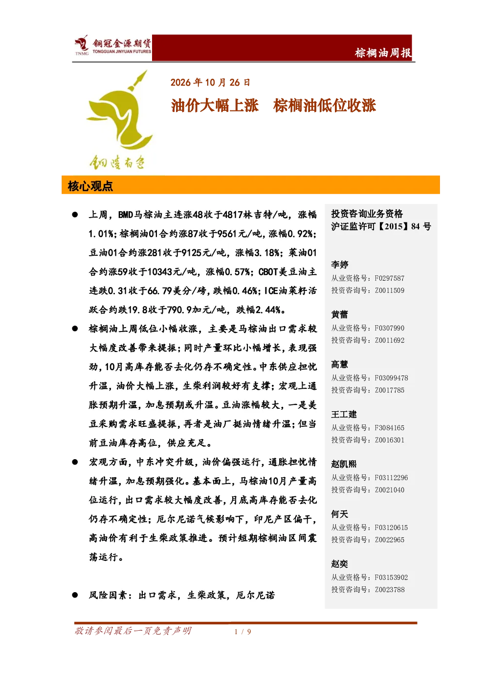 油价大幅上涨，棕榈油低位收涨