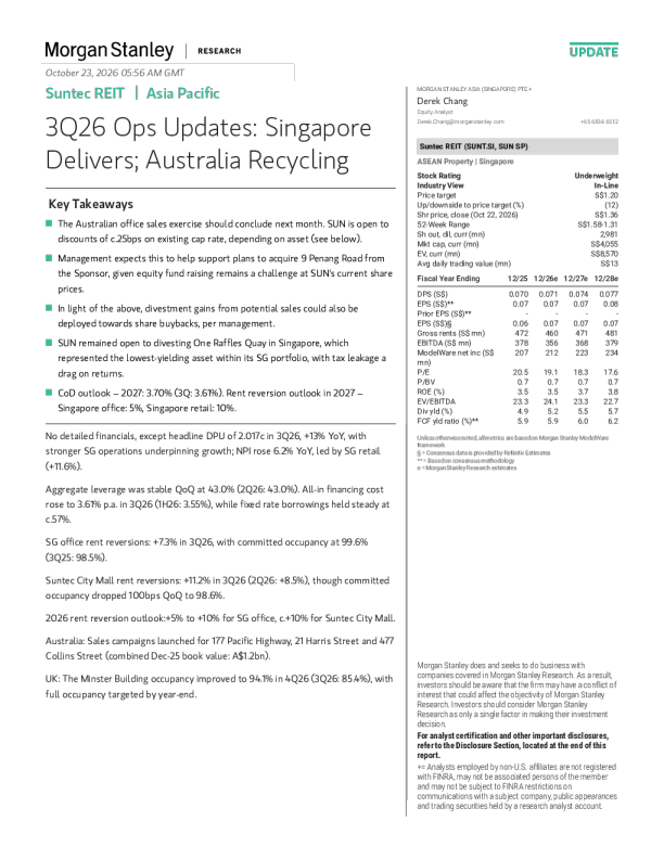 Suntec REIT 2026年第三季度运营更新：新加坡项目交付；澳大利亚资产处置