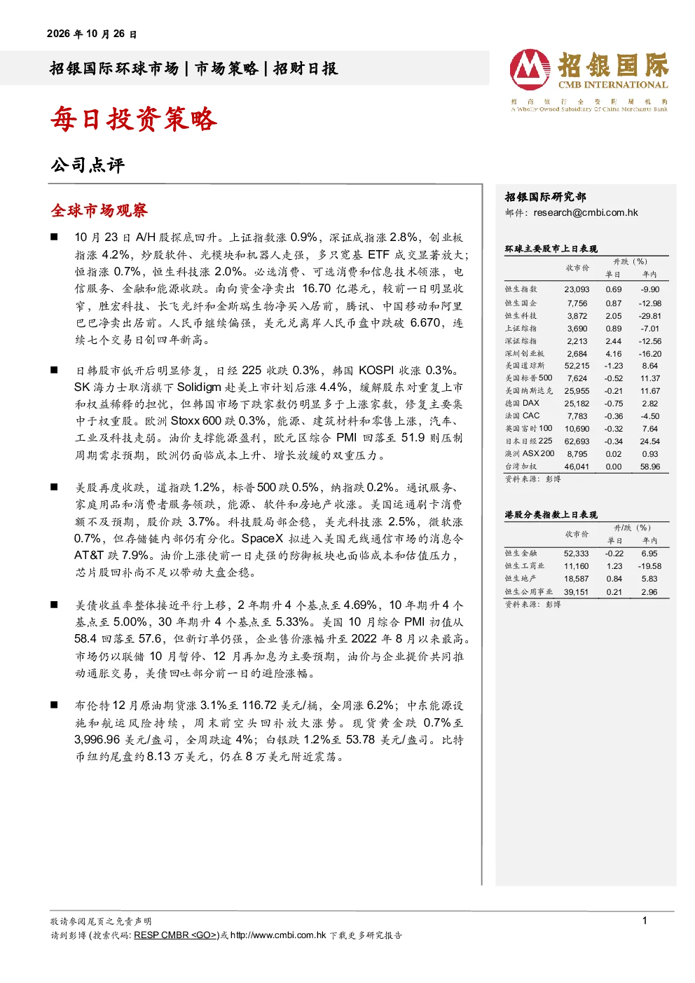 招银国际每日投资策略