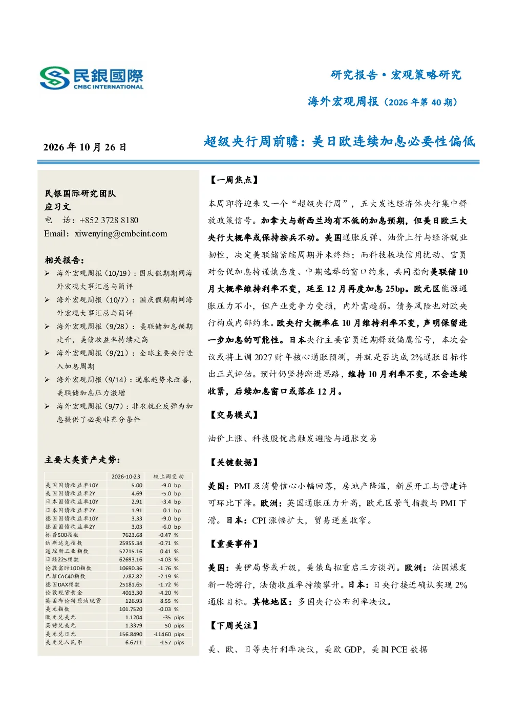 海外宏观周报（2026年第40期）：超级央行周前瞻：美日欧连续加息必要性偏低