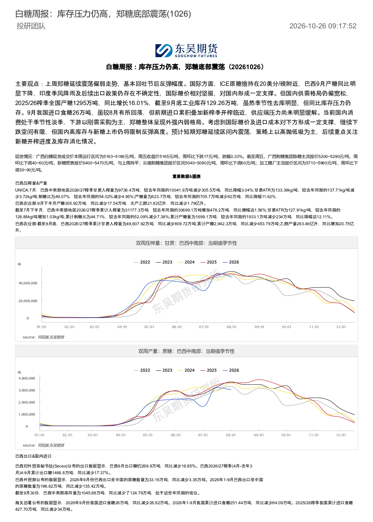 白糖周报：库存压力仍高，郑糖底部震荡