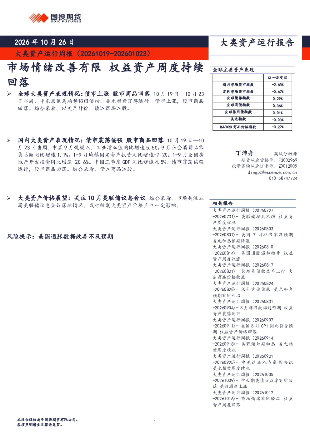 大类资产运行周报（20261019-202601023）：市场情绪改善有限权益资产周度持续回落