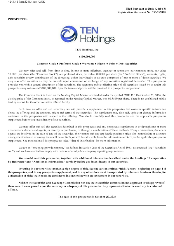 TEN Holdings Inc美股招股说明书(2026-10-26版)