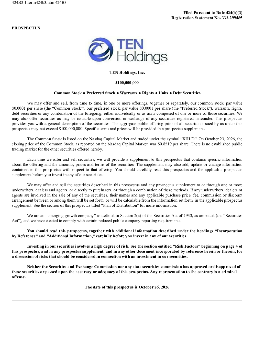 TEN Holdings Inc美股招股说明书(2026-10-26版)