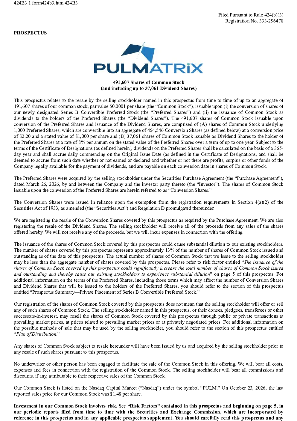 Pulmatrix Inc美股招股说明书(2026-10-26版)