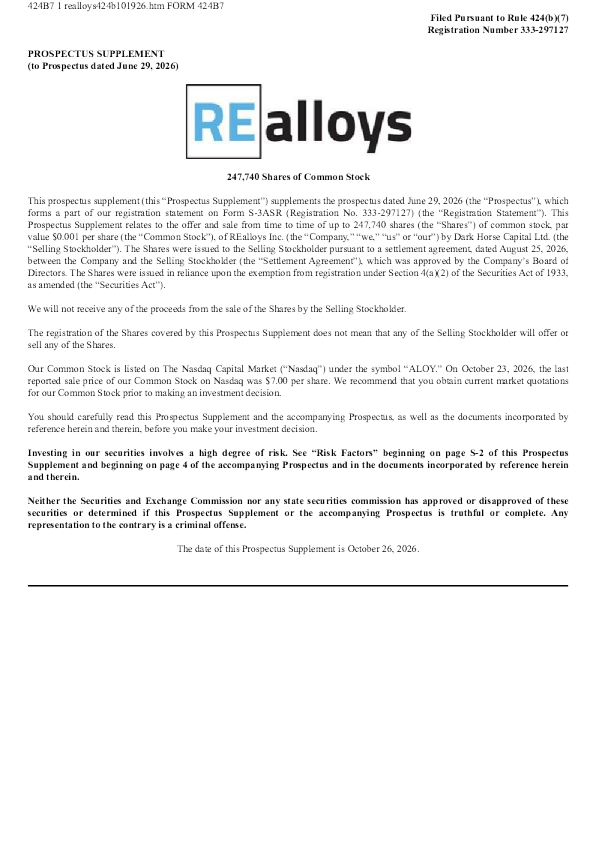 REalloys Inc美股招股说明书(2026-10-26版)