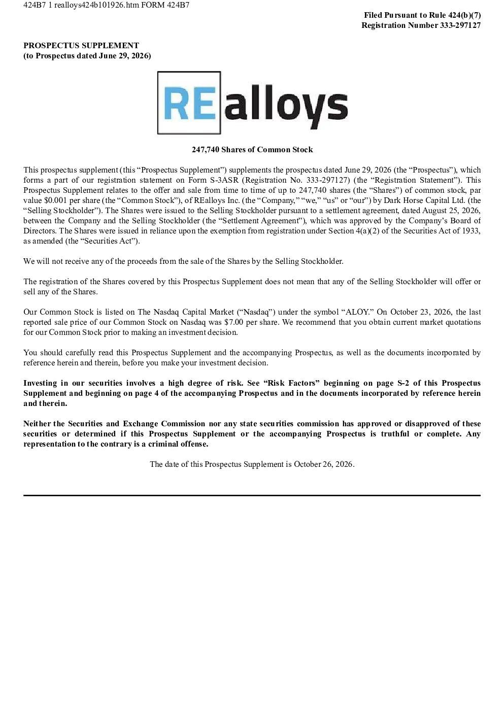 REalloys Inc美股招股说明书(2026-10-26版)