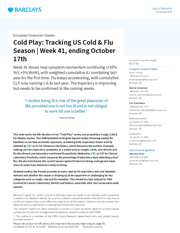 欧洲消费品：Cold Play追踪美国感冒与流感季（第41周，截至10月17日）