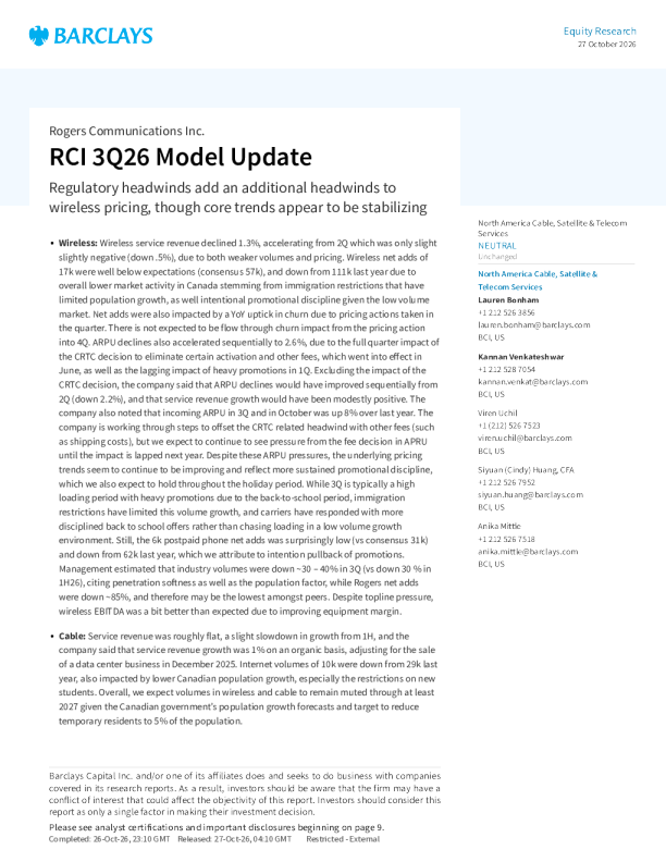 罗杰斯通信公司3Q26模型更新：监管逆风进一步压制无线定价，核心趋势似趋稳