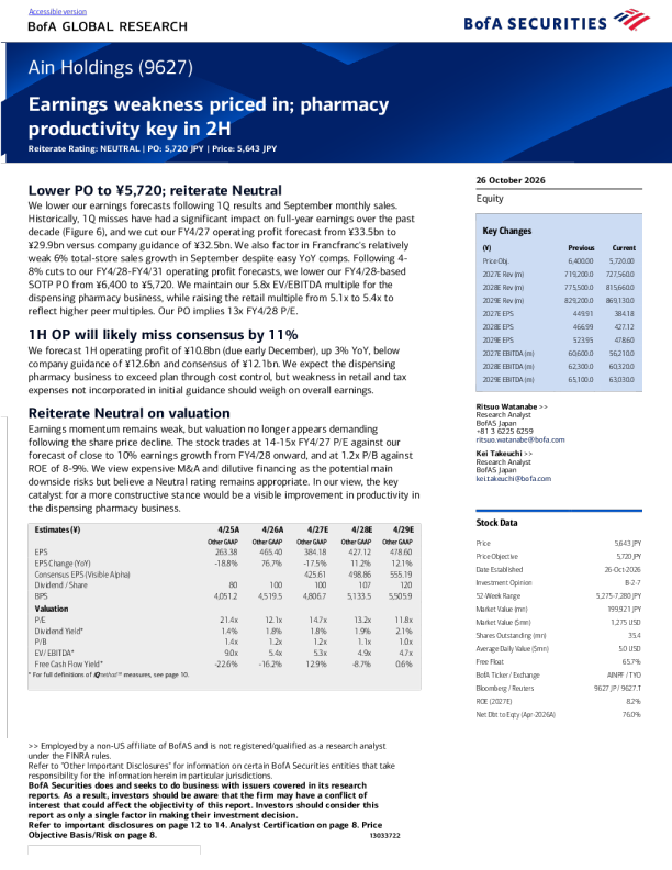 Ain Holdings(9627)：盈利疲弱已反映，下半年医药零售效率为关键