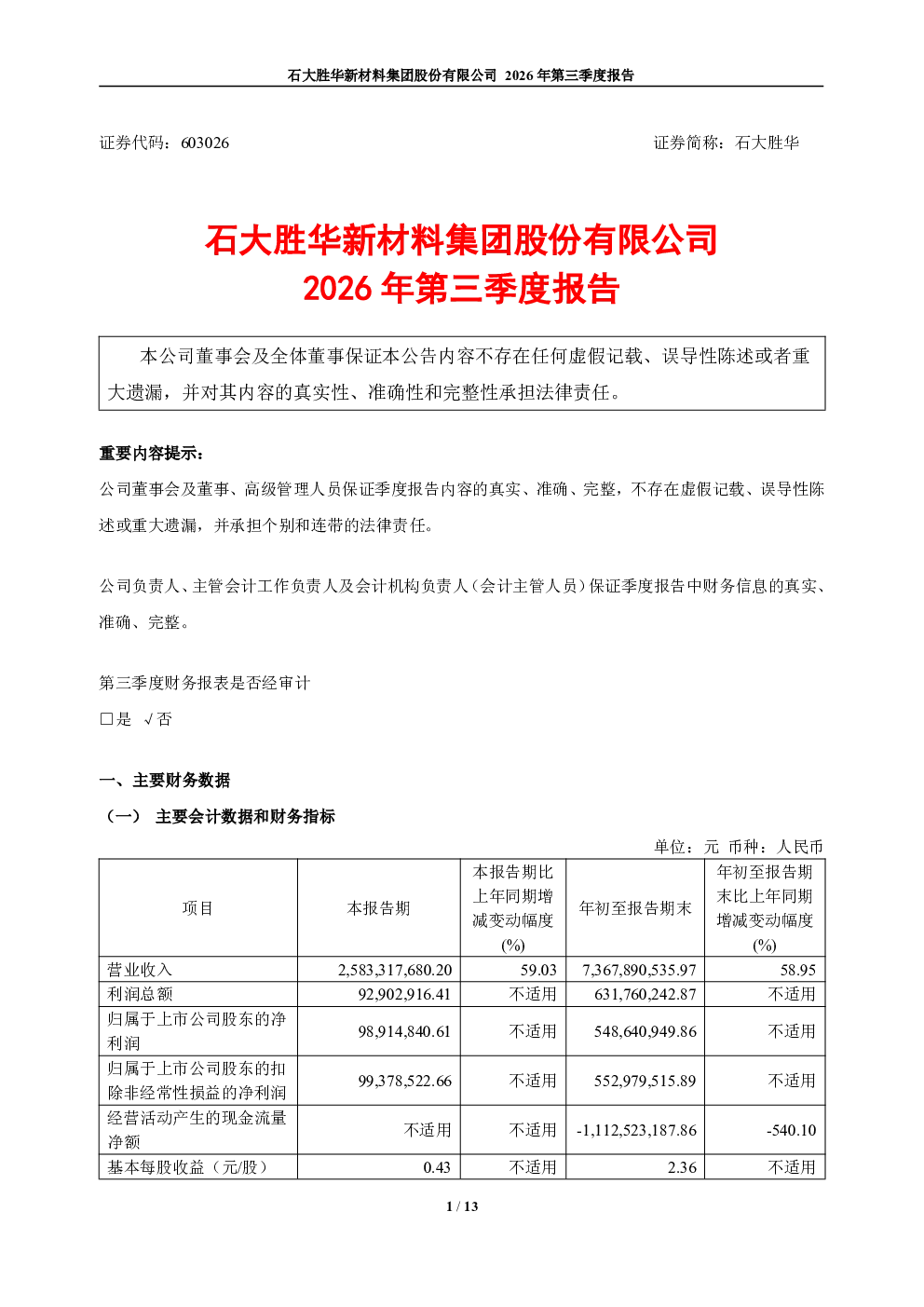 石大胜华：2026年第三季度报告