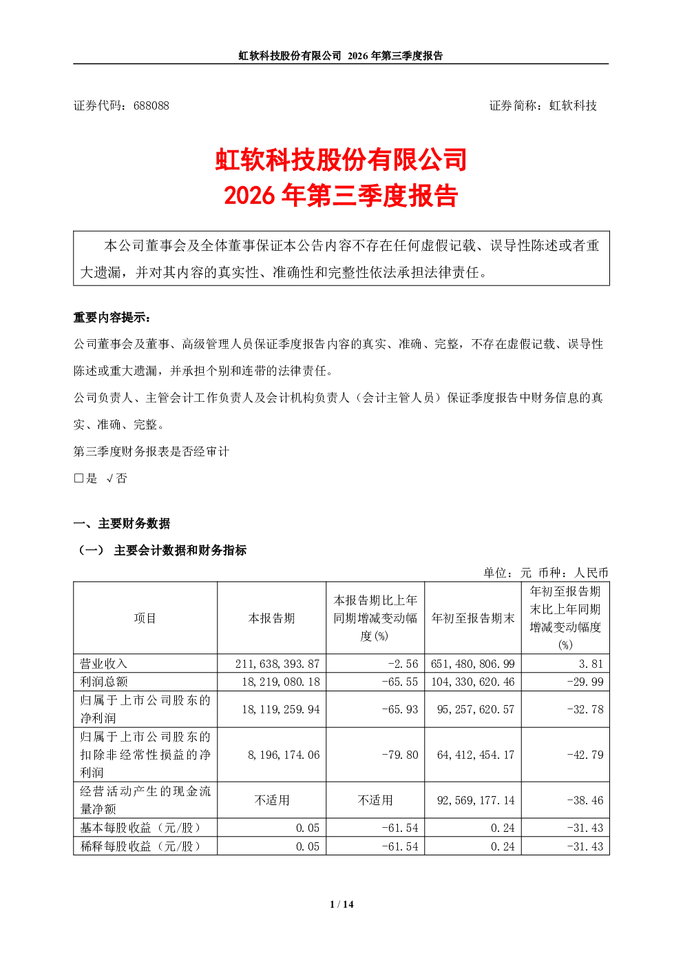 虹软科技：2026年第三季度报告