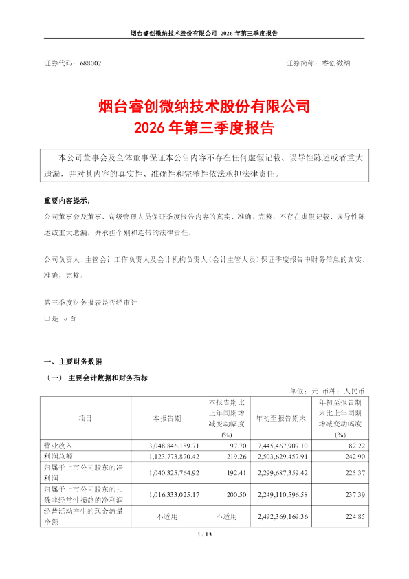 睿创微纳：2026年第三季度报告
