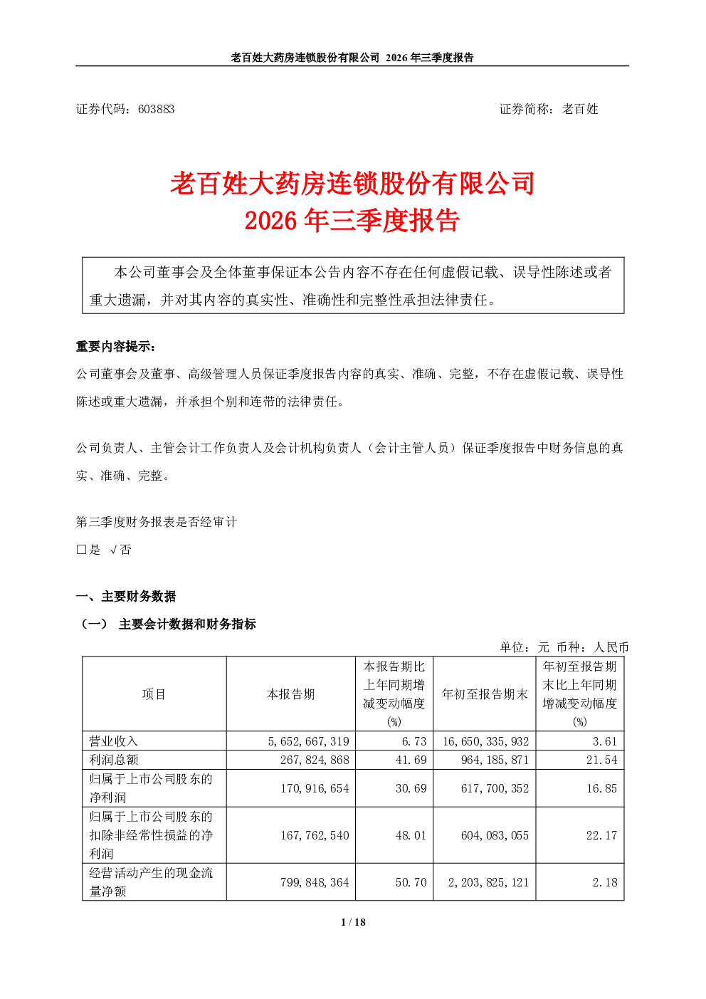 老百姓：2026年第三季度报告