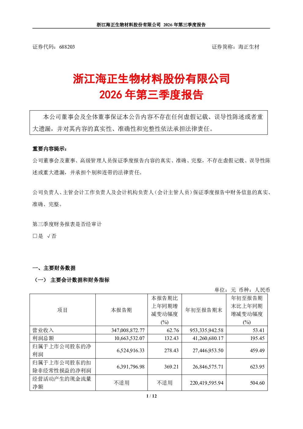 海正生材：2026年第三季度报告