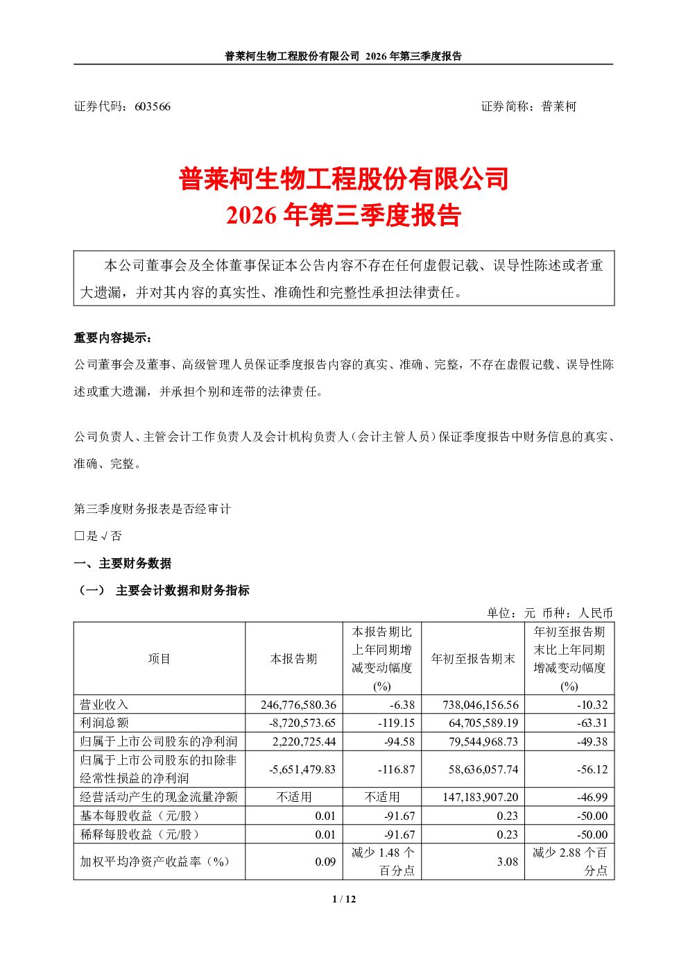普莱柯：2026年第三季度报告