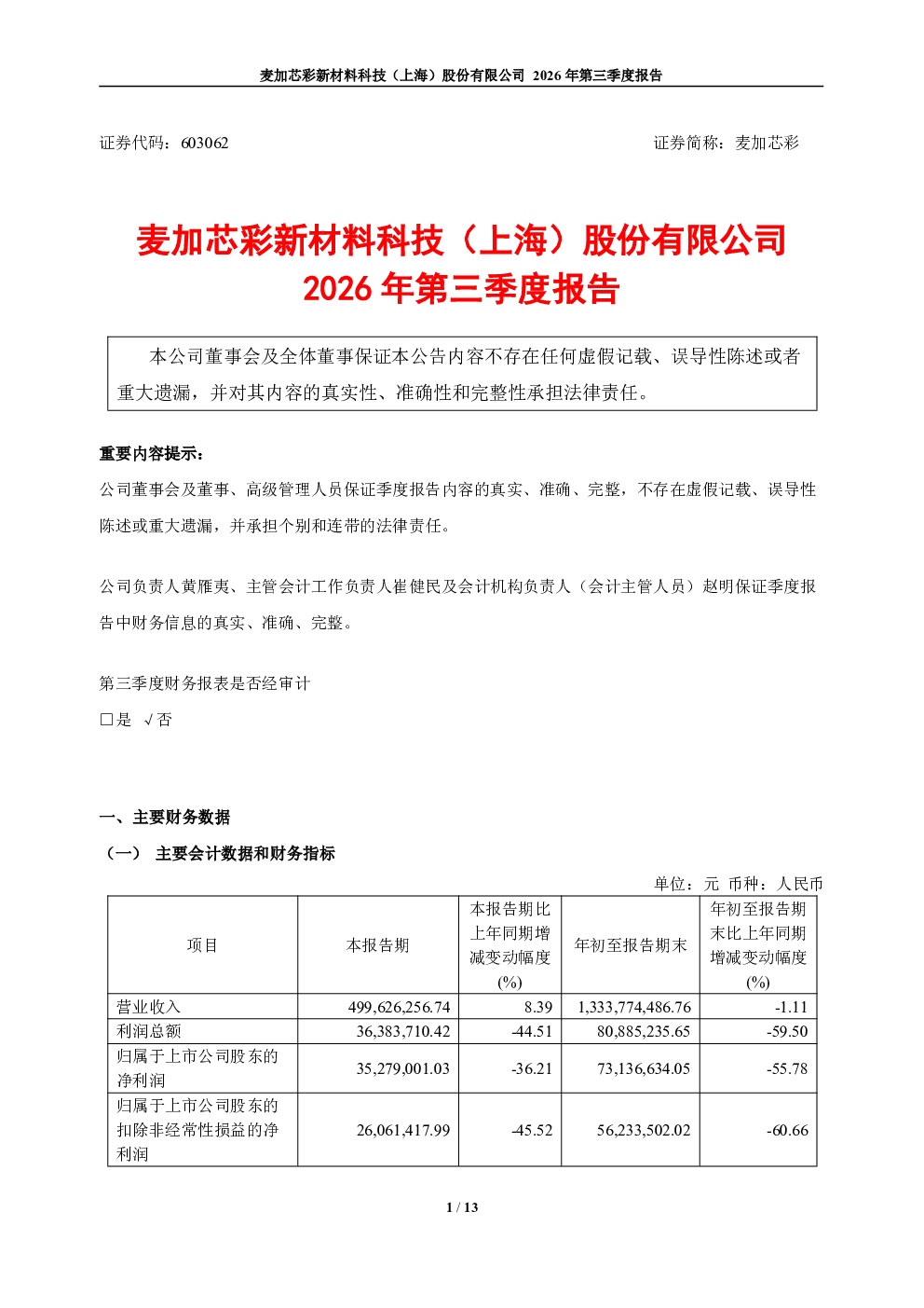 麦加芯彩：2026年第三季度报告