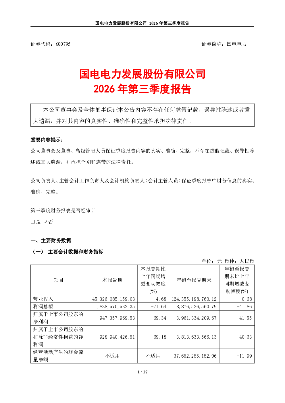 国电电力：2026年第三季度报告